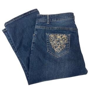 Plus Size Embroidered Blue Denim Capris 14W Dkin Logo Patch Spring Summer Beach